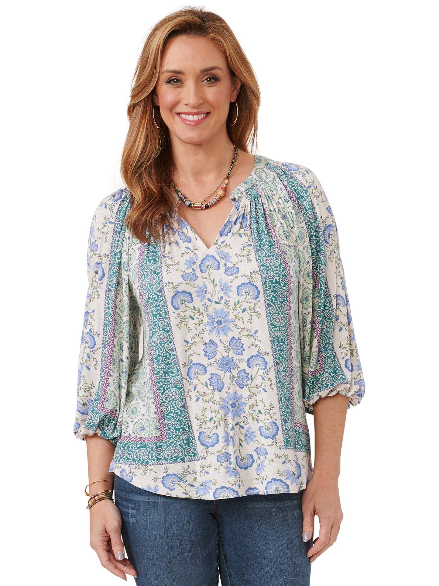 Blue Green Multi Split Neck Top