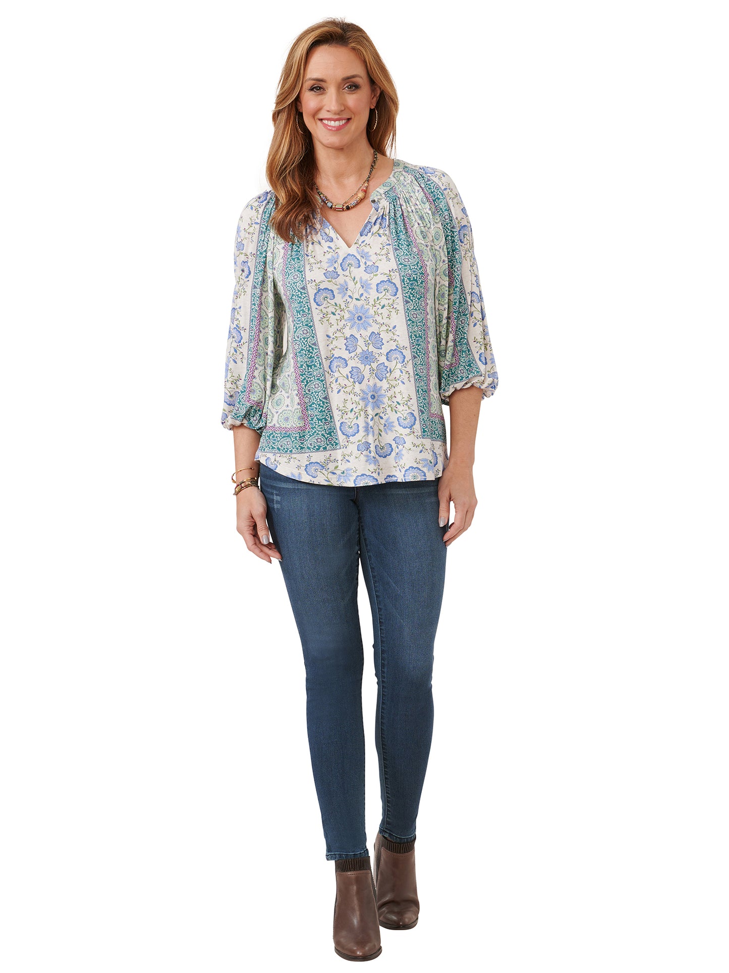 Blue Green Multi Split Neck Top