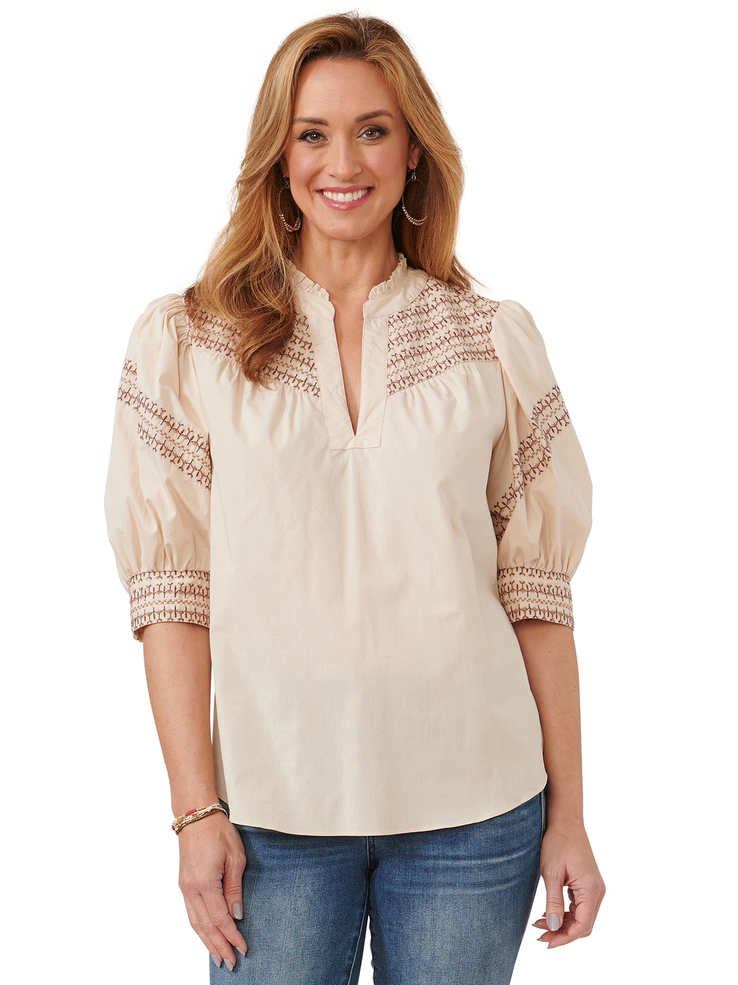 Cream Multi Elbow Puff Embroidered Top