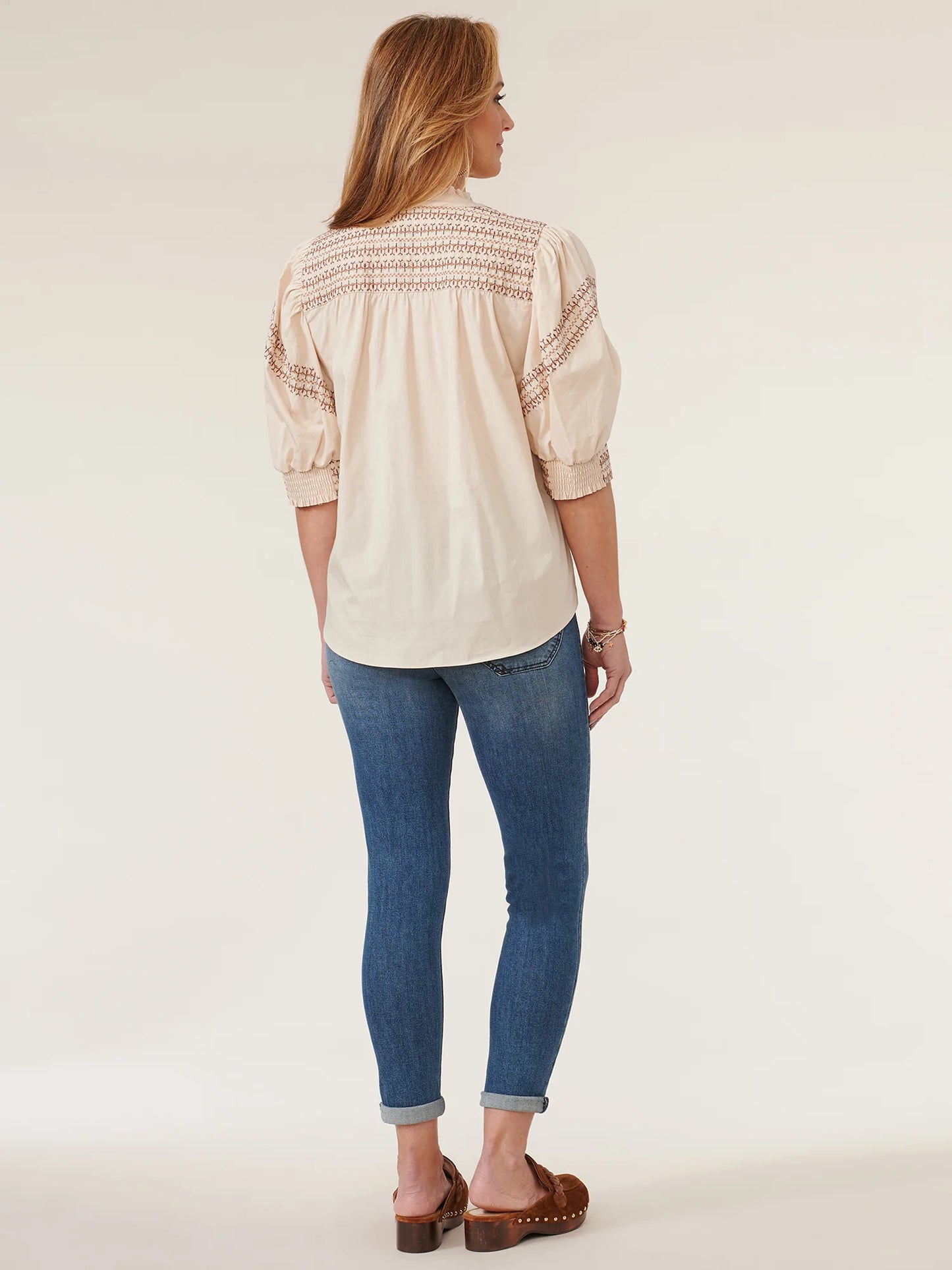 Cream Multi Elbow Puff Embroidered Top