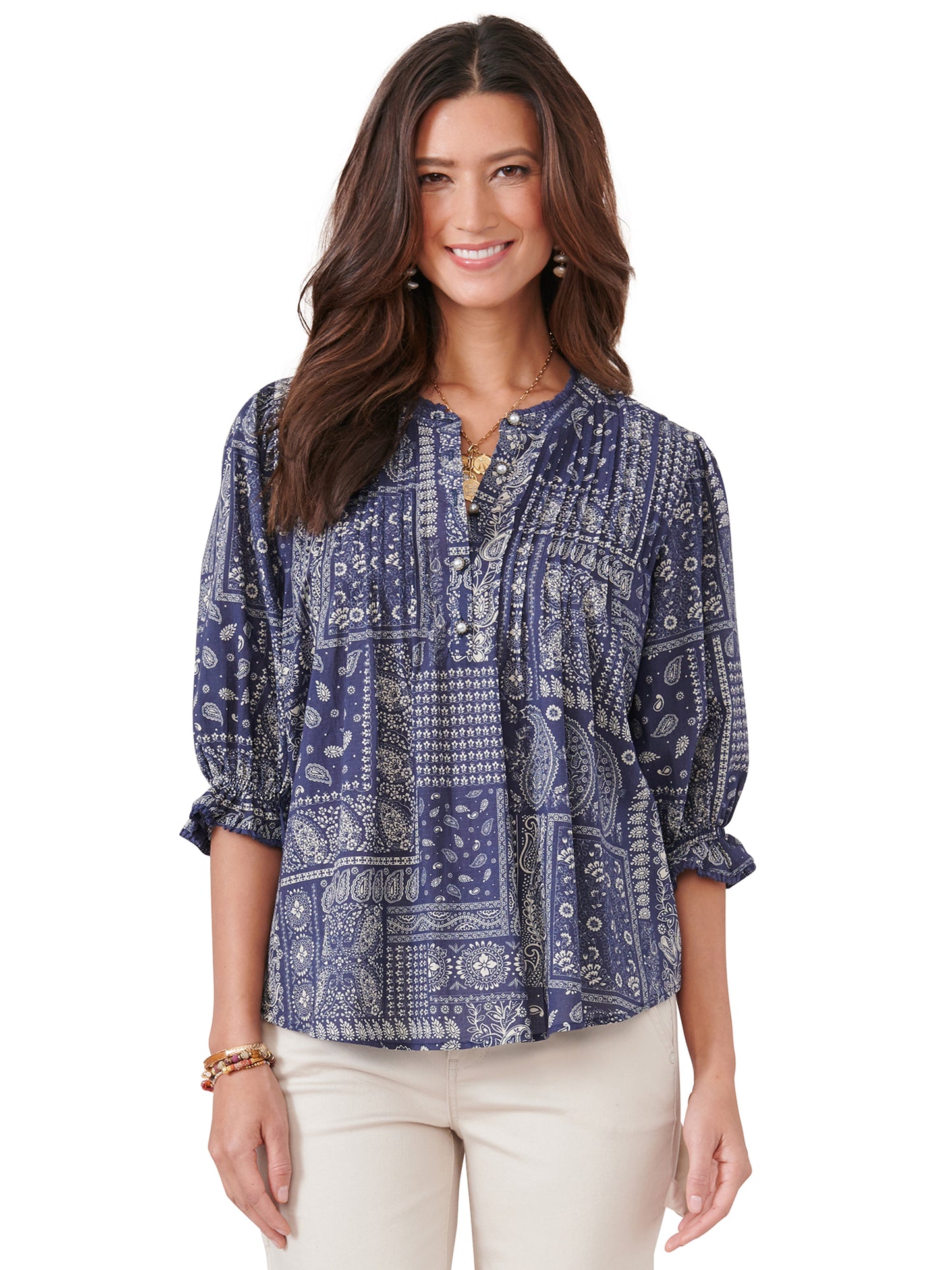 Navy Oatmeal Multi Elbow Lantern Sleeve Top