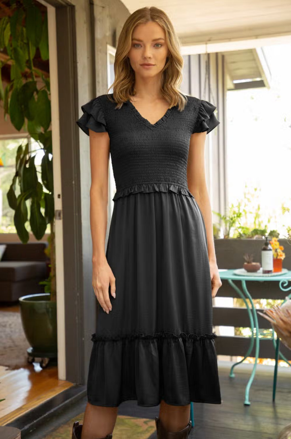 Black Smocked Top Ruffle Sleeve Midi Dress