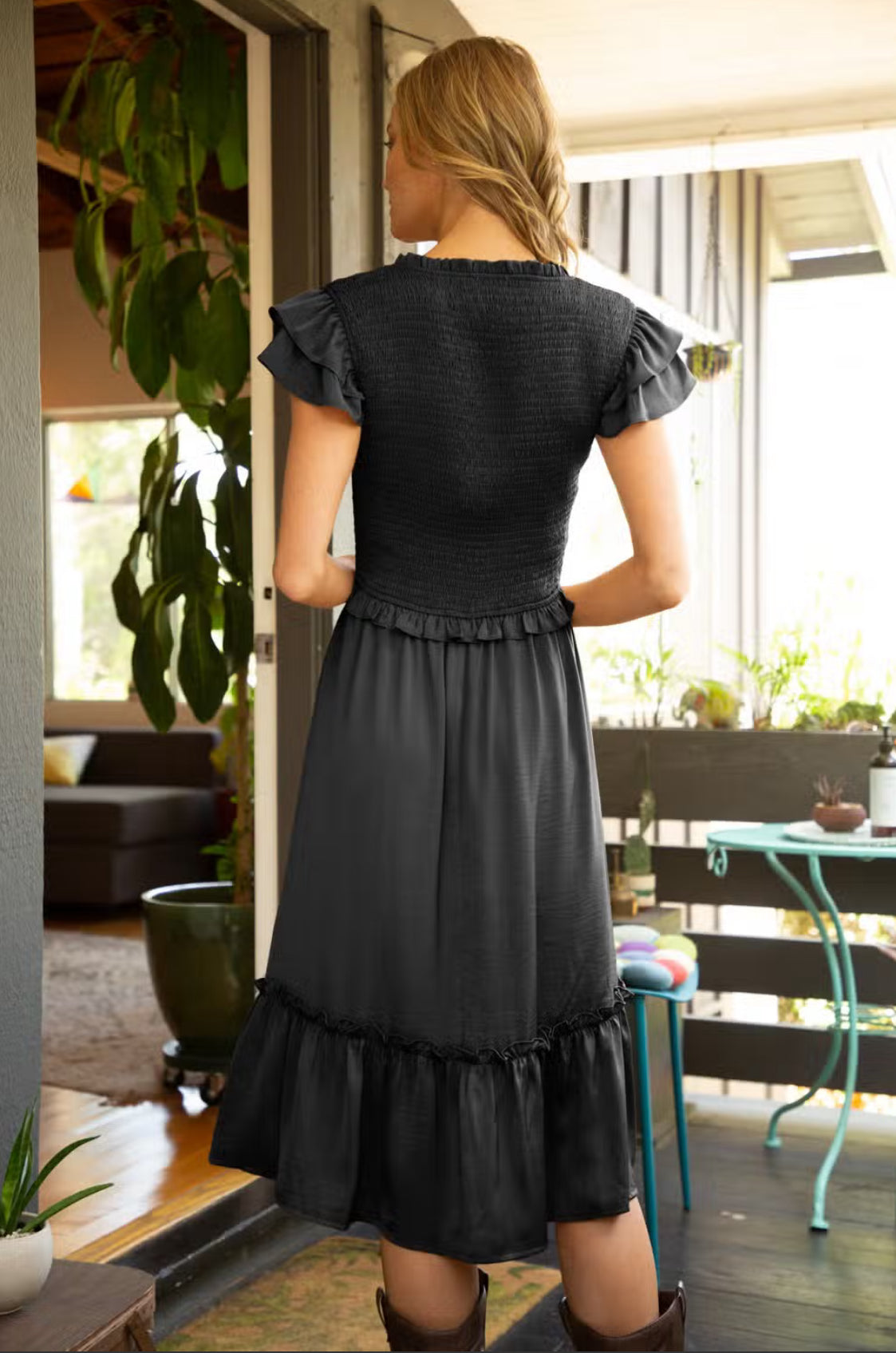 Black Smocked Top Ruffle Sleeve Midi Dress
