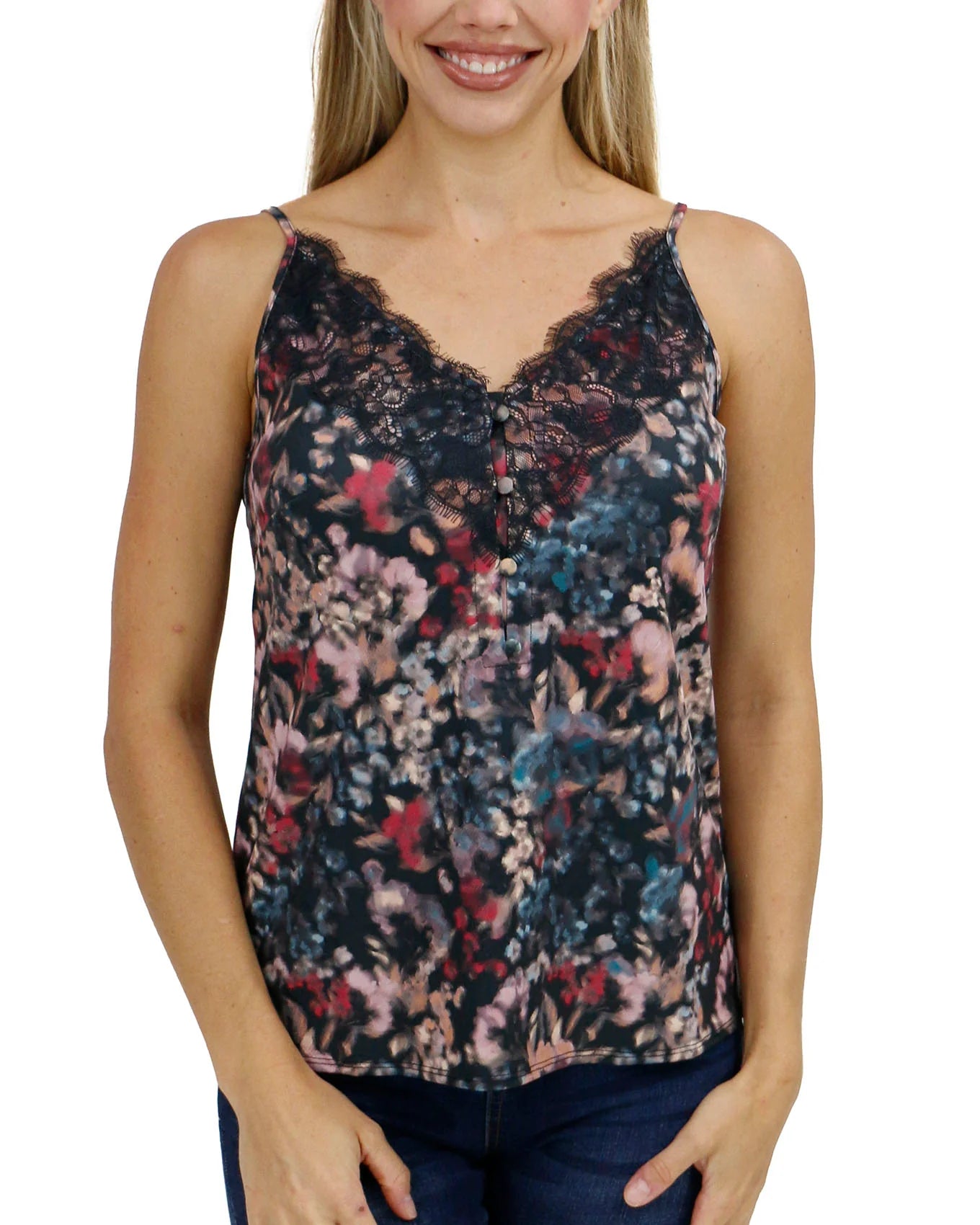 Button Lace Trim Cami in Abstract Watercolor
