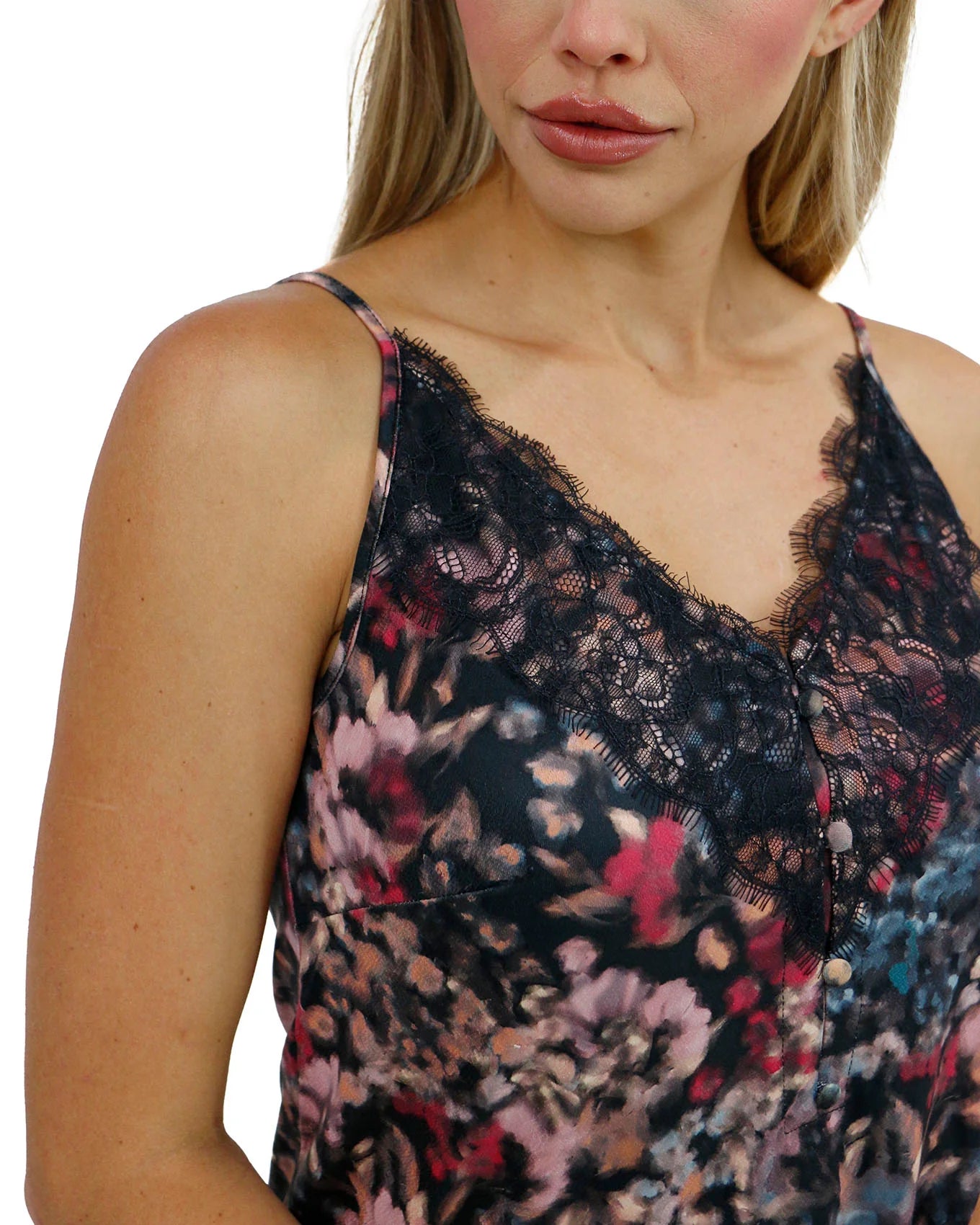 Button Lace Trim Cami in Abstract Watercolor