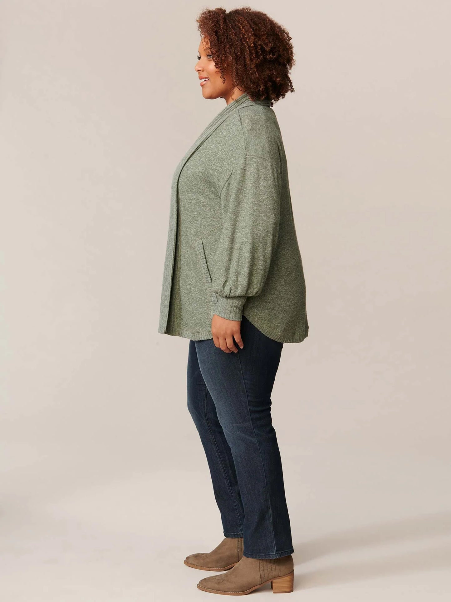 CURVY Heather Olive Shawl Open Cardigani