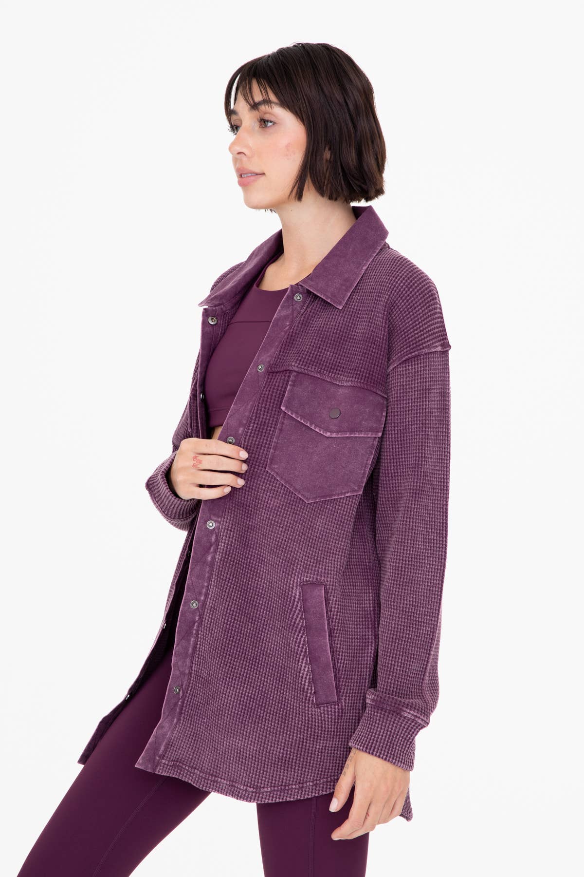 Waffle Knit Mineral-Washed Button Down Jacket