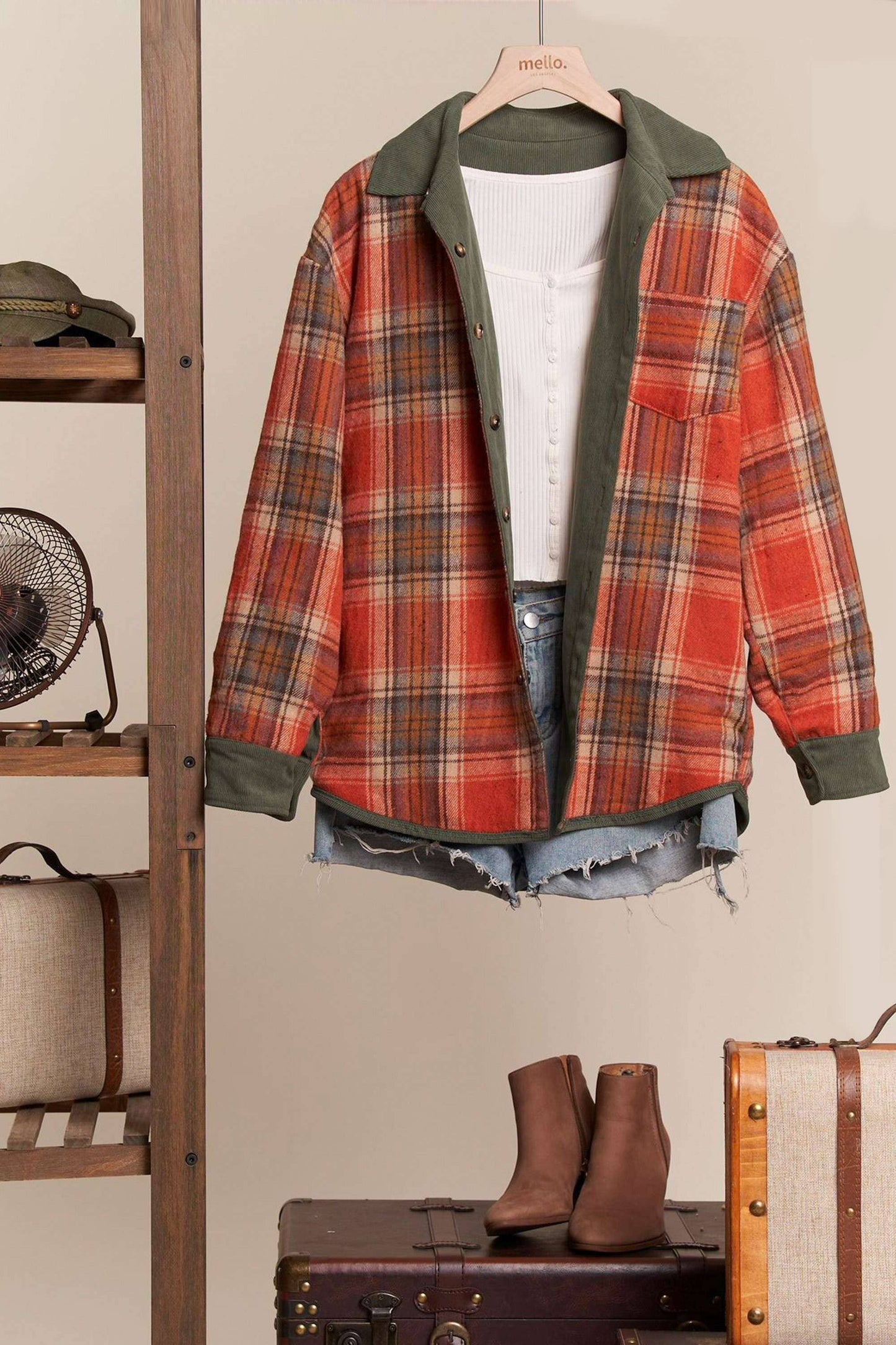 Reversible Corduroy and Plaid Button Down Shacket Mello.