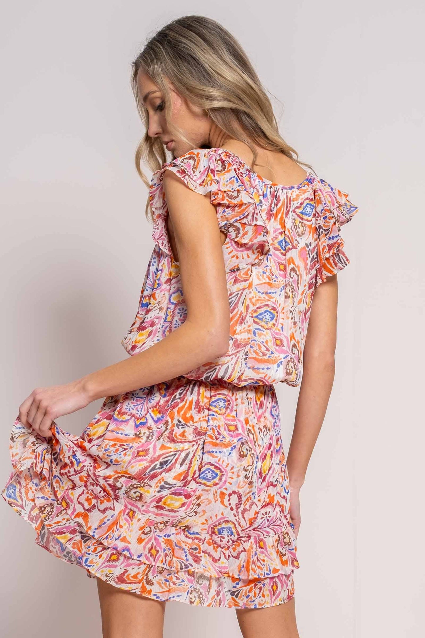 Pink Ruffle Sleeve Smocked Waist Dress Nicabel
