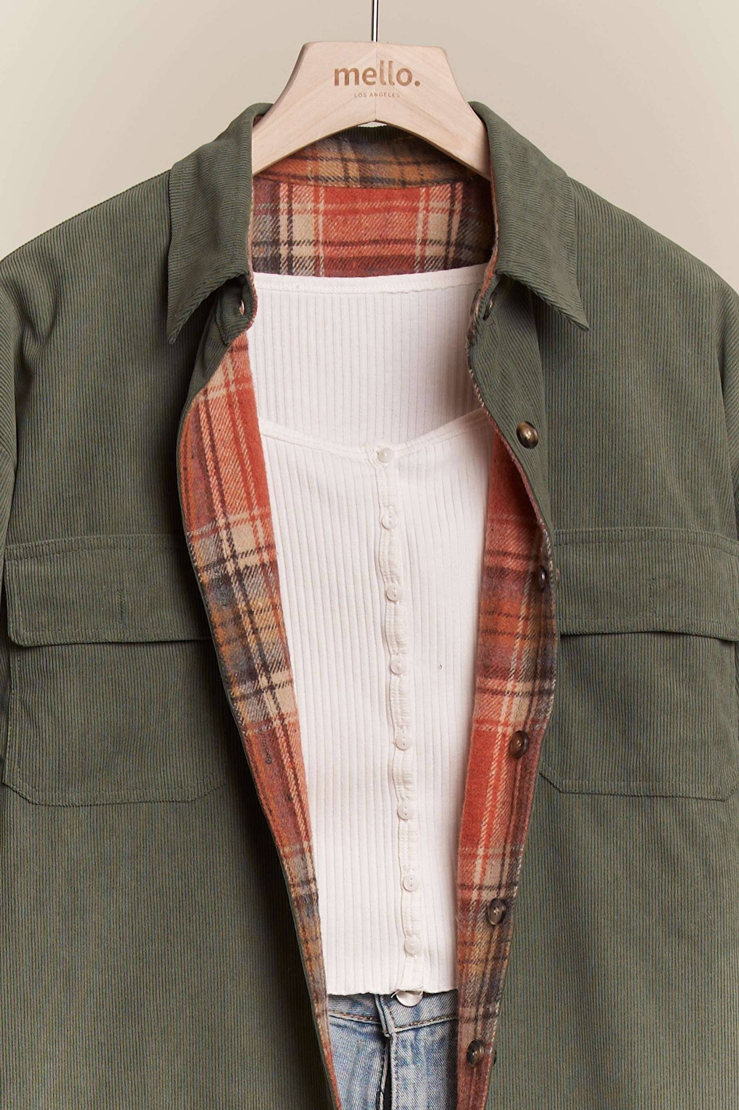 Reversible Corduroy and Plaid Button Down Shacket Mello.