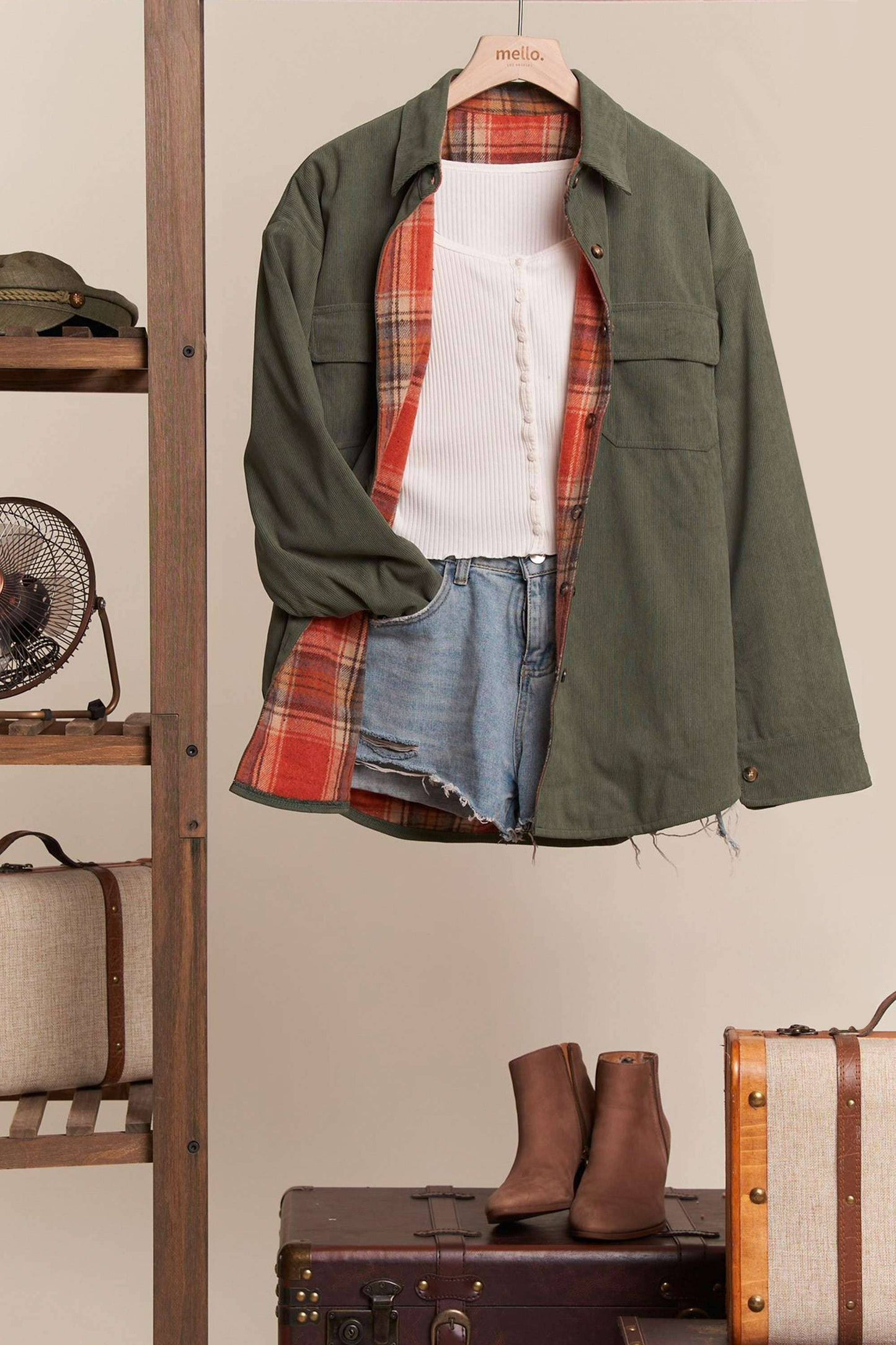 Reversible Corduroy and Plaid Button Down Shacket Mello.