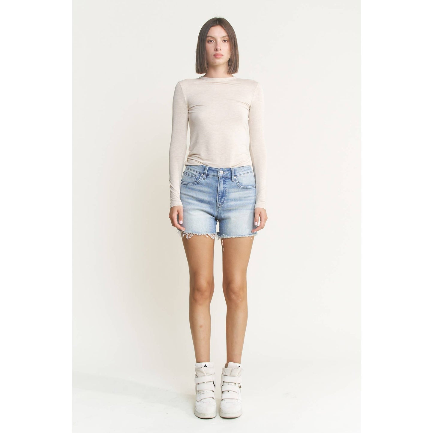 HIGH RISE FRAYED HEM COOL INDIGO SHORTS Mica Denim
