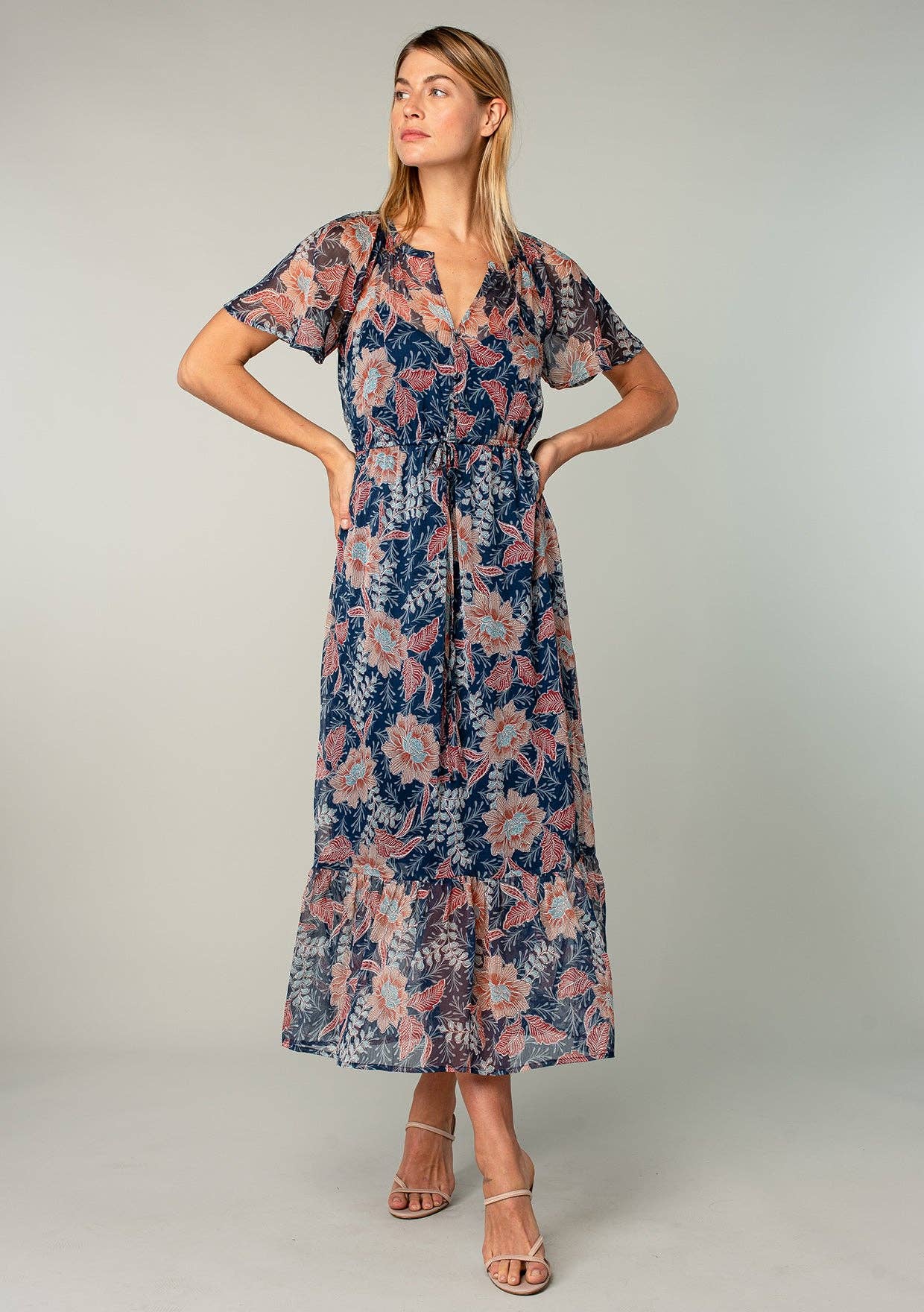 Lovestitch - Floral Chiffon Flutter Sleeve Tiered Maxi Dress Lovestitch