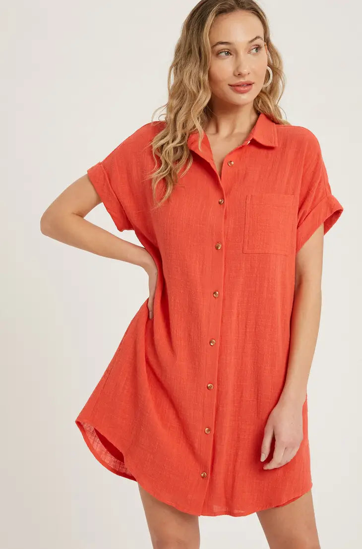 BUTTON UP SHIRT DRESS WITH POCKET