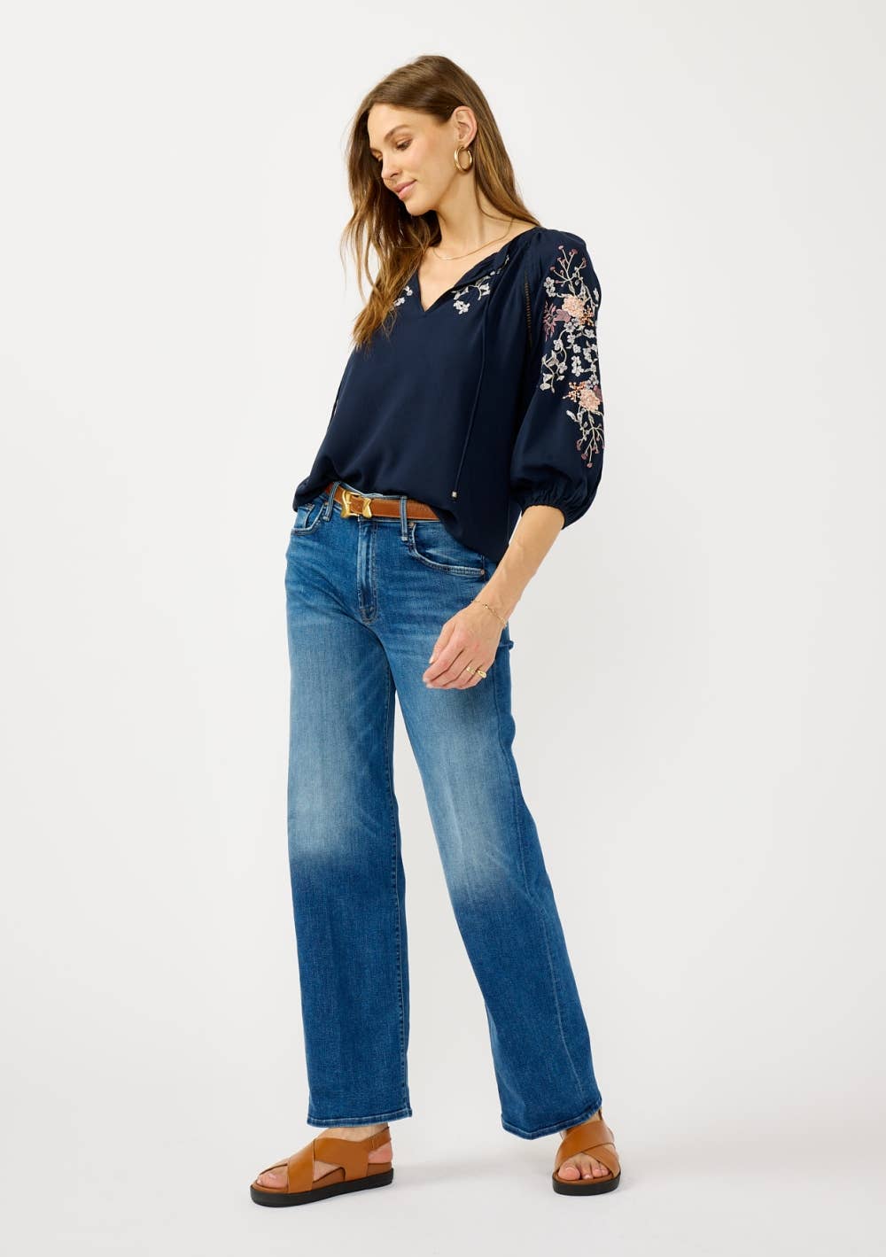 Lovestitch - Floral Embroidered Split Neck Blouse Lovestitch