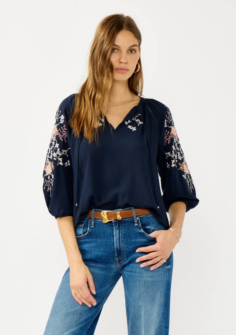 Lovestitch - Floral Embroidered Split Neck Blouse Lovestitch