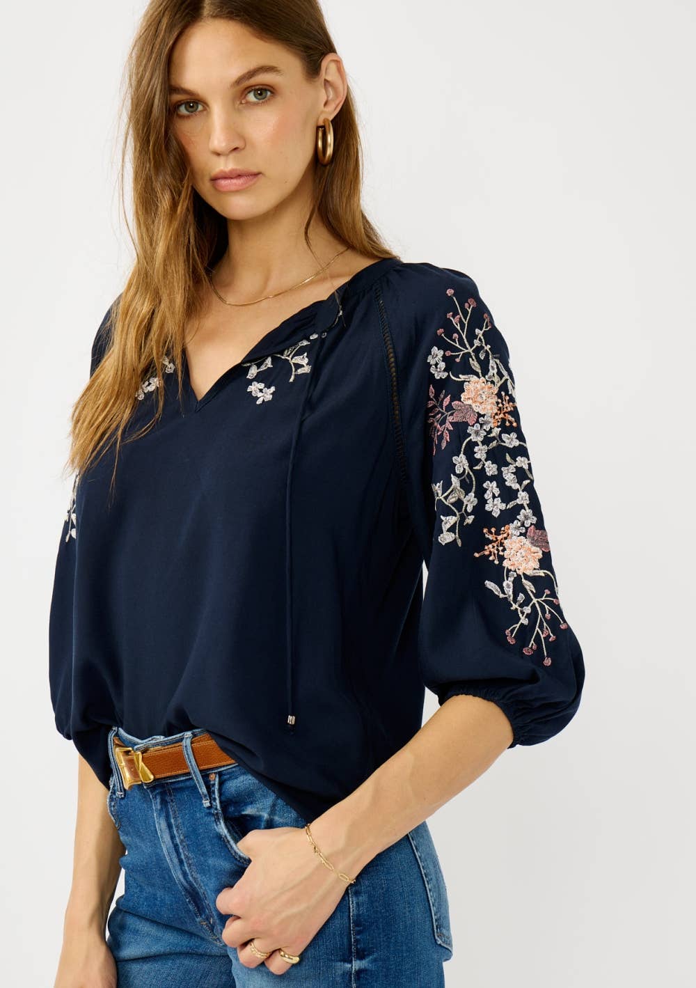 Lovestitch - Floral Embroidered Split Neck Blouse Lovestitch