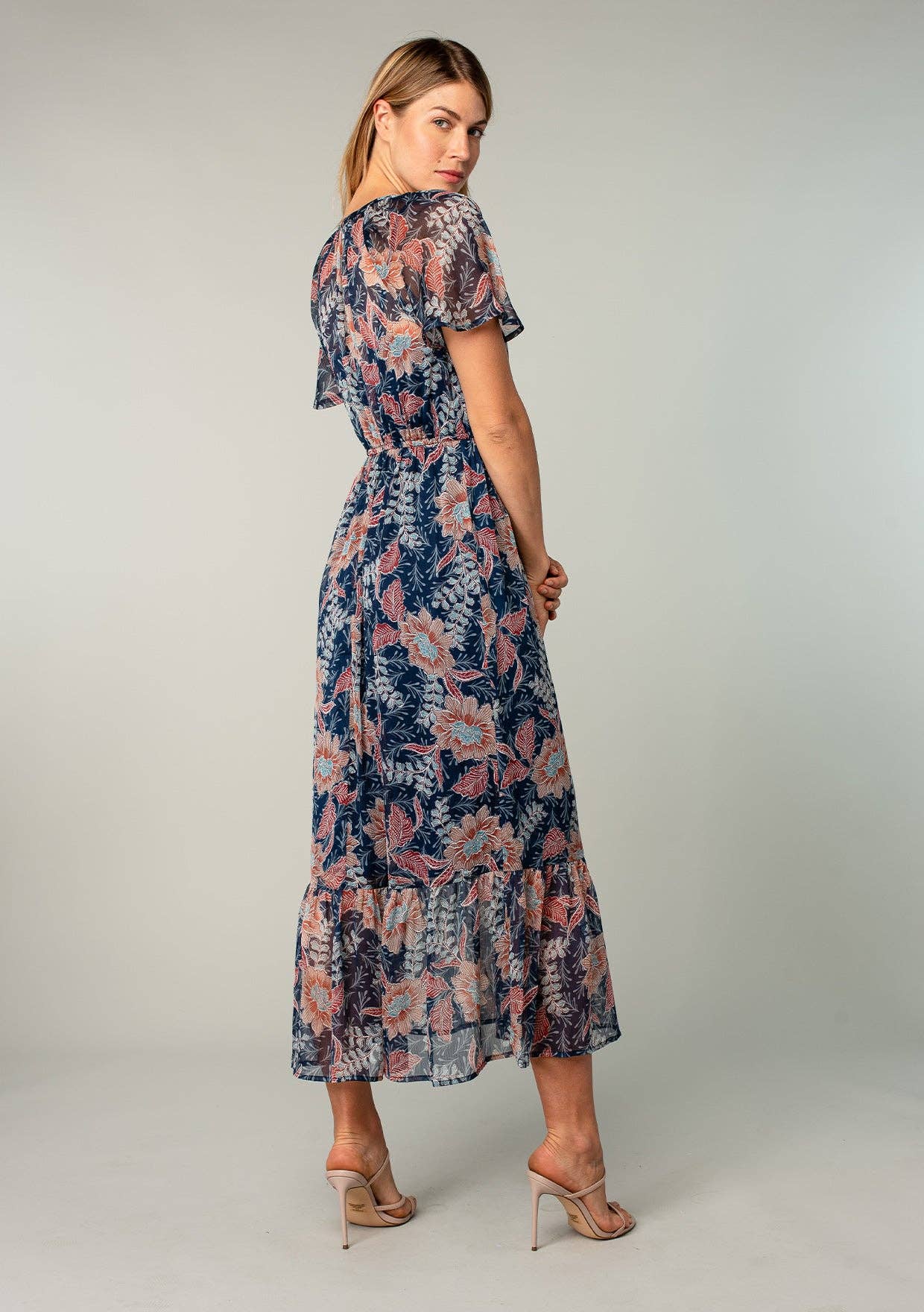 Lovestitch - Floral Chiffon Flutter Sleeve Tiered Maxi Dress Lovestitch