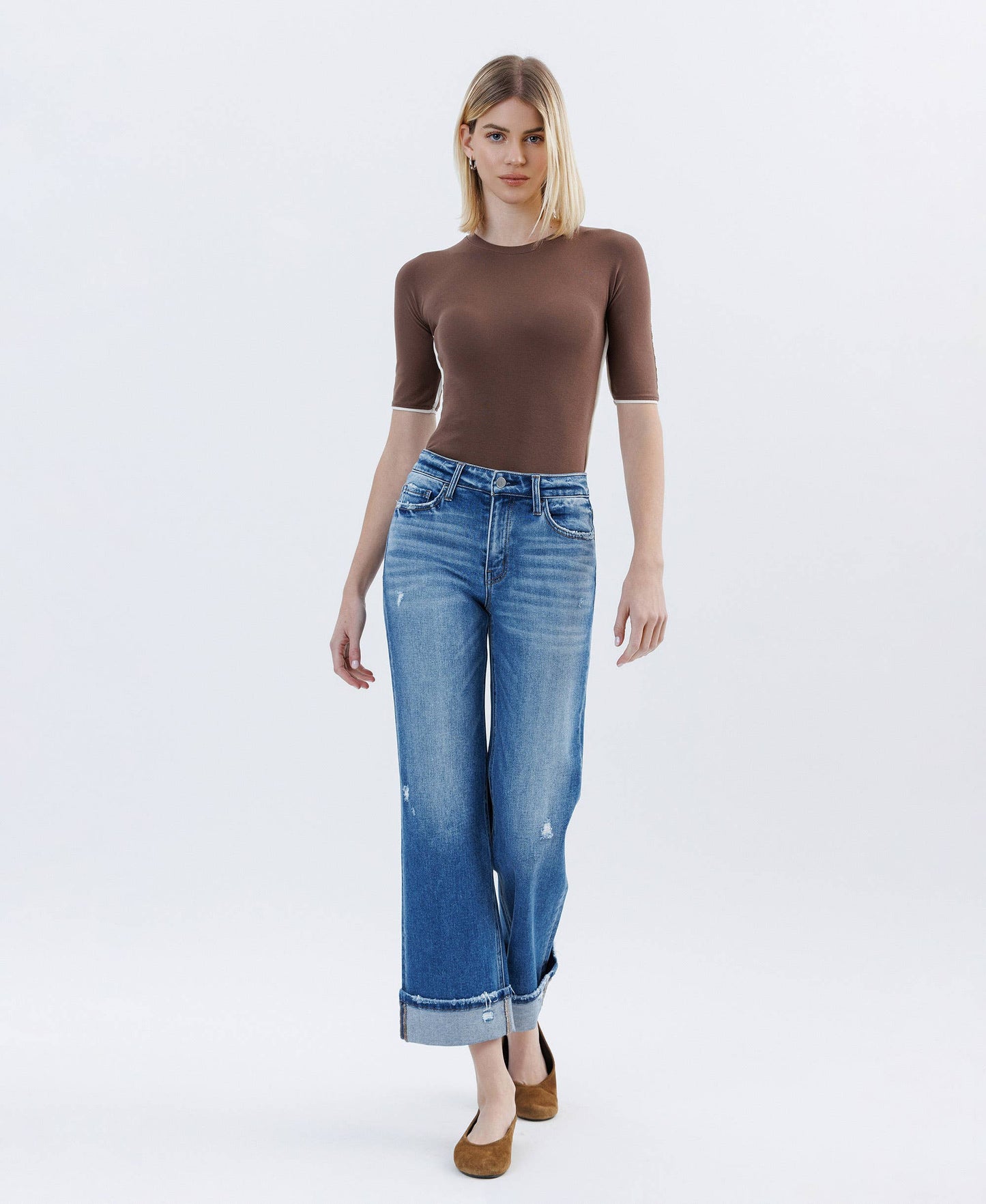 HIGH RISE CUFFED SLIM WIDE LEG JEANS FLYING MONKEY