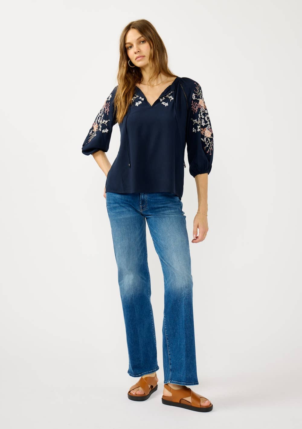 Lovestitch - Floral Embroidered Split Neck Blouse Lovestitch