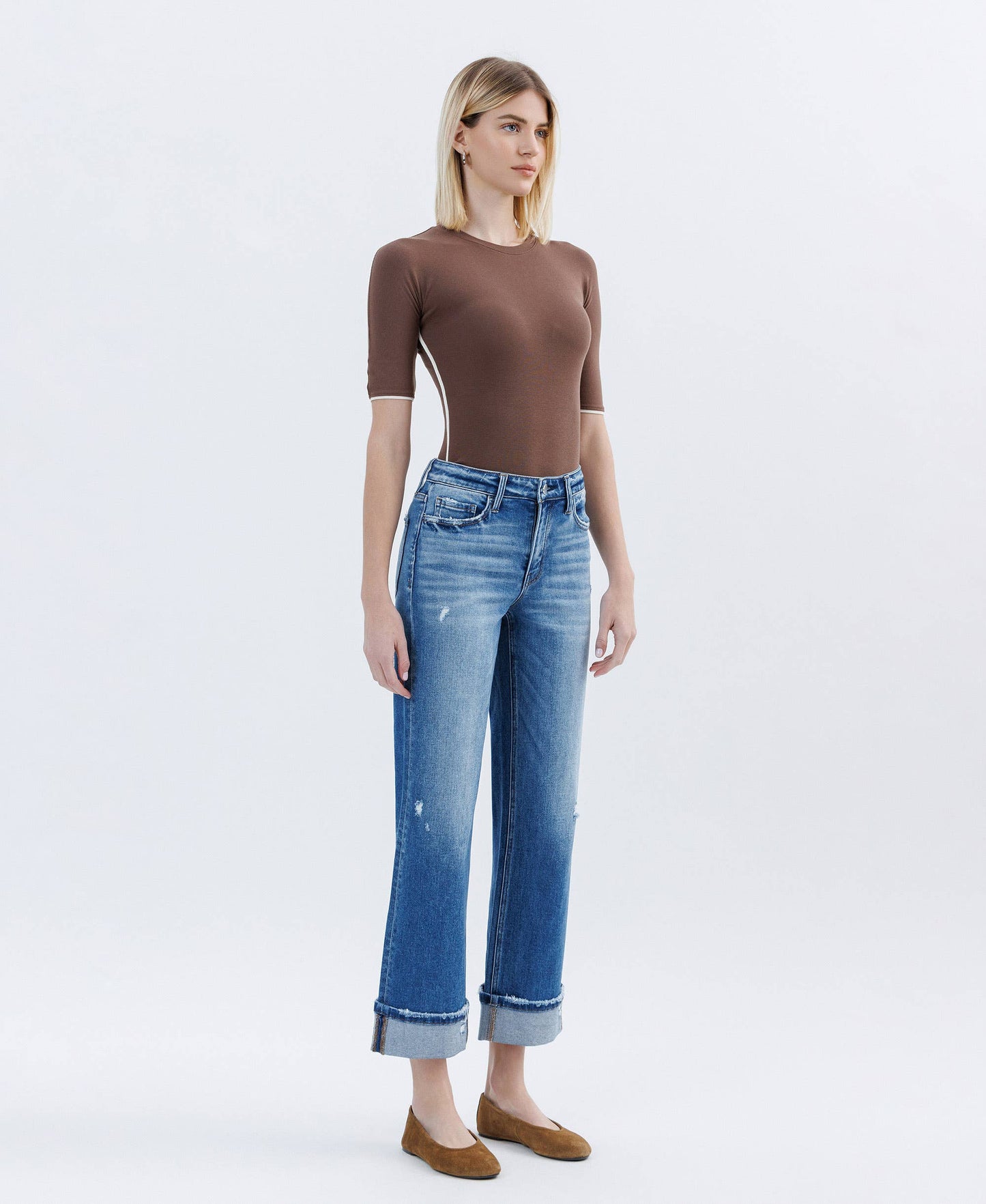 HIGH RISE CUFFED SLIM WIDE LEG JEANS FLYING MONKEY