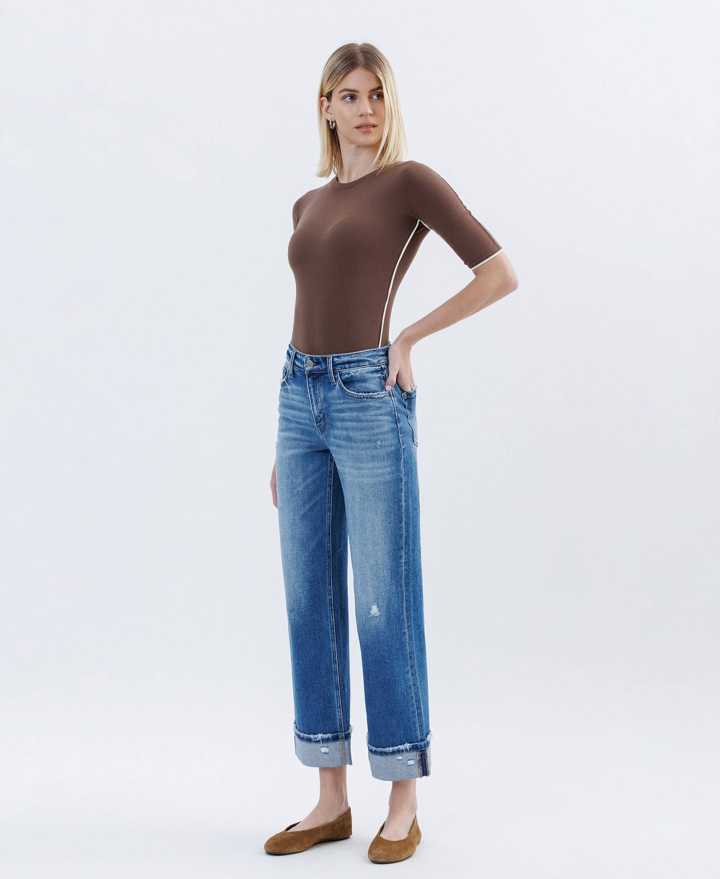 HIGH RISE CUFFED SLIM WIDE LEG JEANS FLYING MONKEY