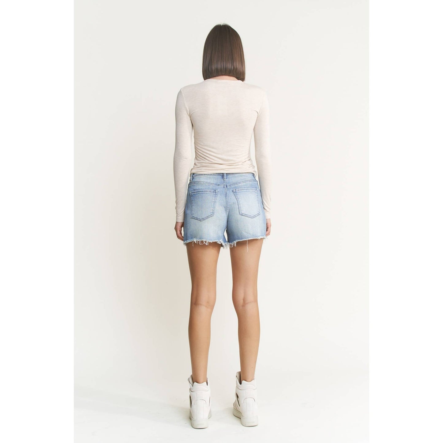 HIGH RISE FRAYED HEM COOL INDIGO SHORTS Mica Denim