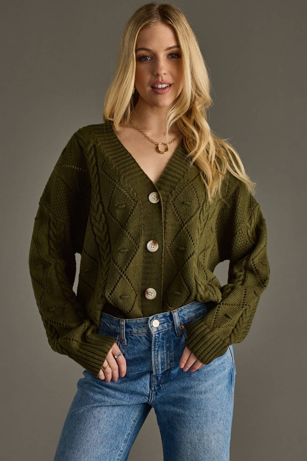 Button Up Cardigan - Olive Knit Cardigan with Front Button Closure