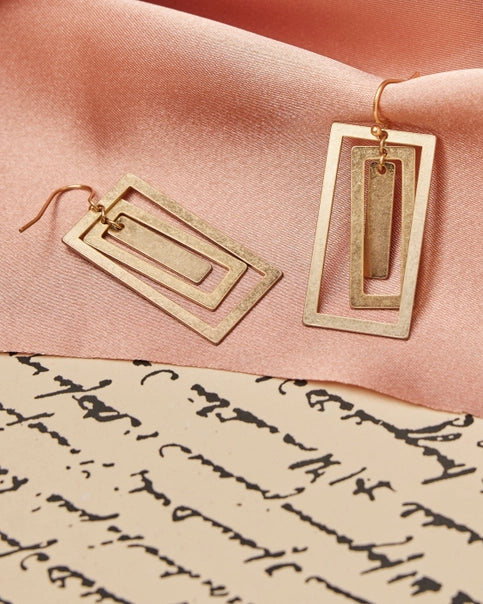 Worn Gold Layered Rectangle Earrings