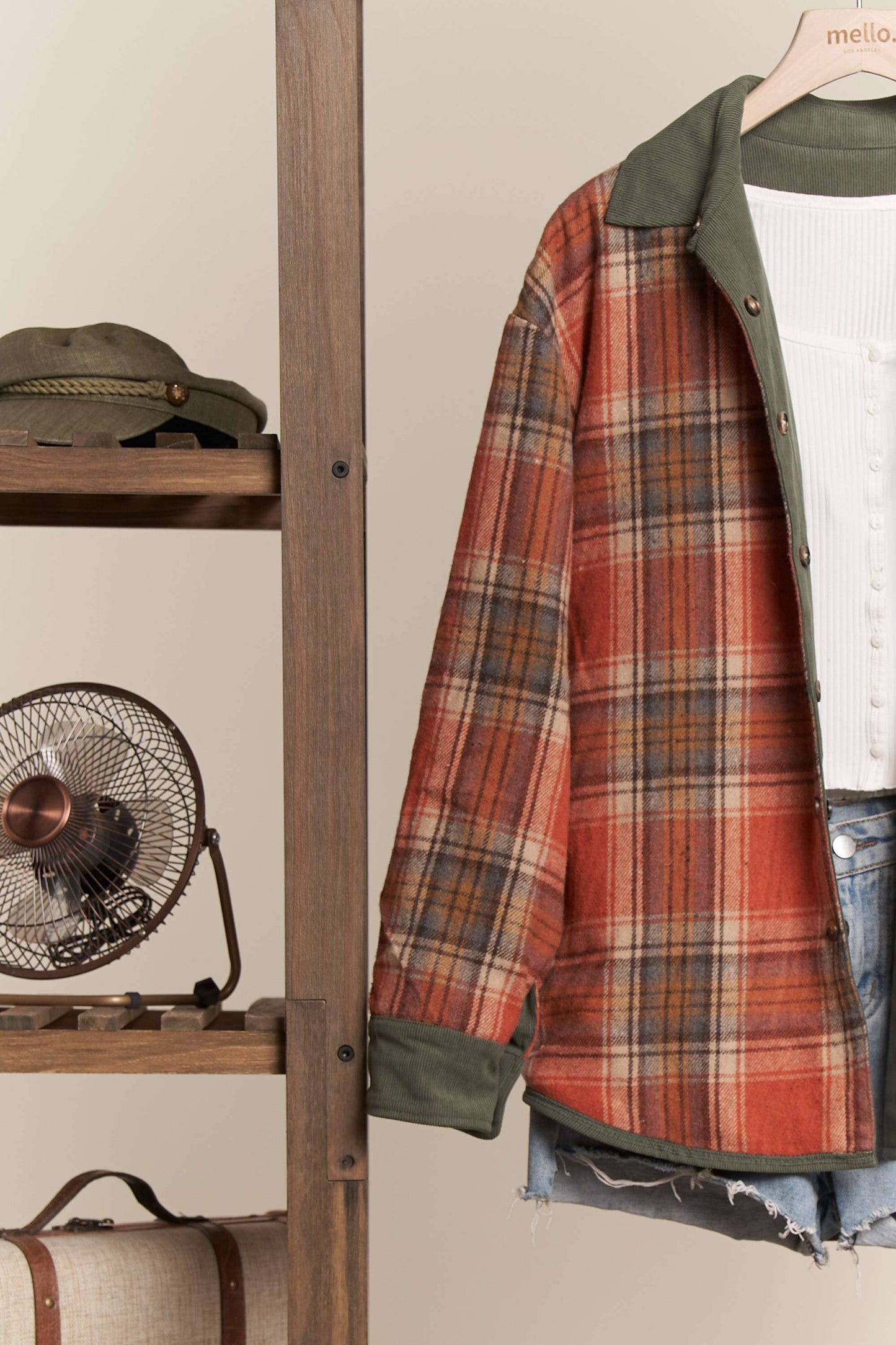 Reversible Corduroy and Plaid Button Down Shacket Mello.