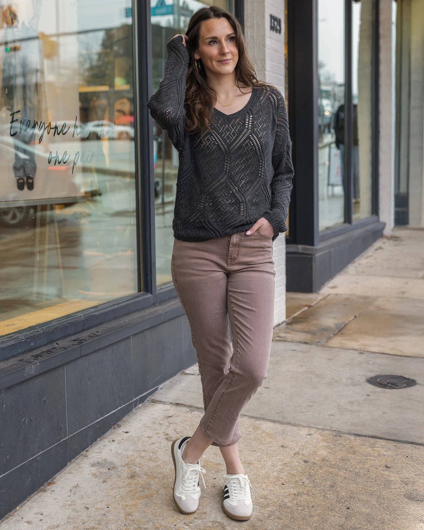 V-Neck Pointelle Sweater in Charcoal