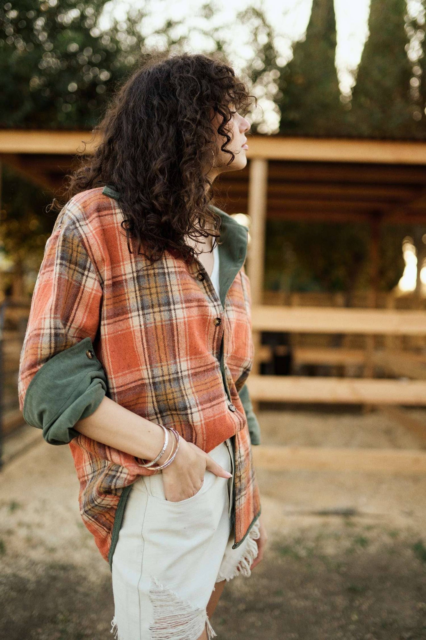 Reversible Corduroy and Plaid Button Down Shacket Mello.