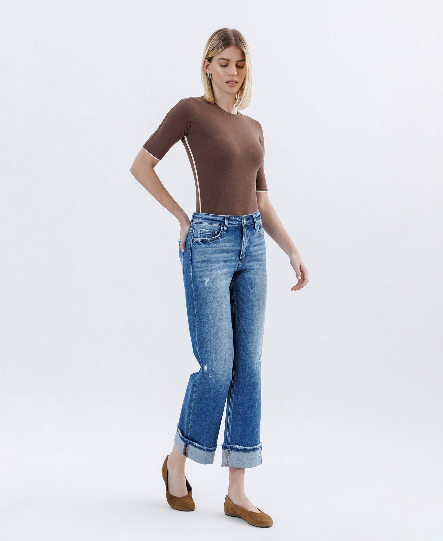 HIGH RISE CUFFED SLIM WIDE LEG JEANS FLYING MONKEY