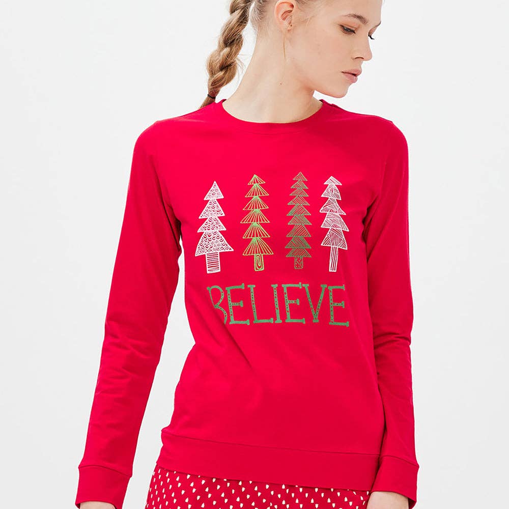 Red Christmas Believe Cotton Pajama Set Fall-Winter Some More Design