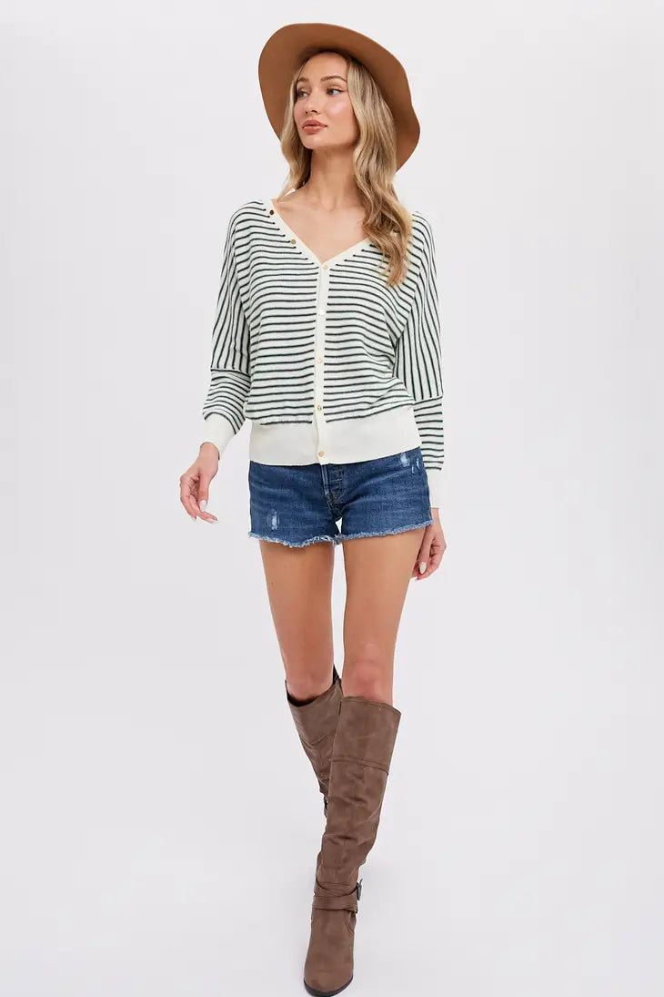 GREEN V NECK STRIPE DOLMAN PULLOVER