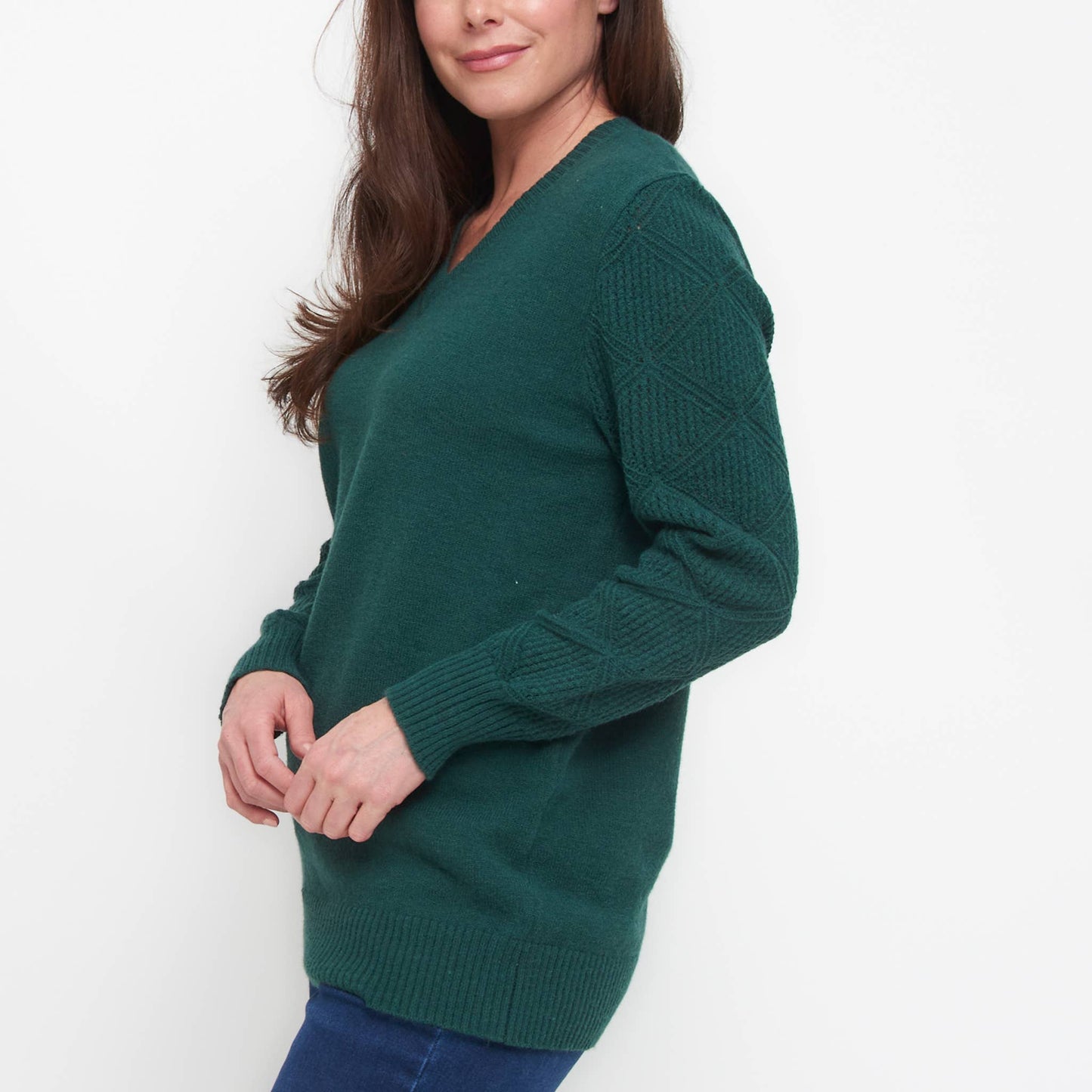 Elsie & Zoey - Emery Diamond Crochet Sleeve V-Neck Sweater
