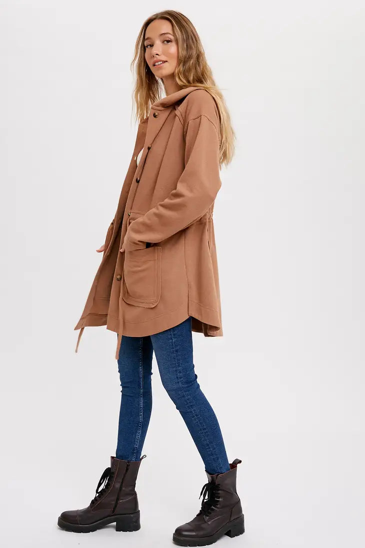 CAMEL BUTTON FRONT HOODIE JACKET