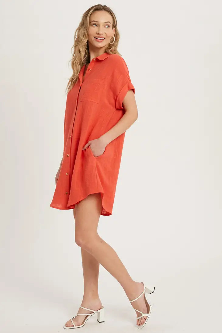 BUTTON UP SHIRT DRESS WITH POCKET