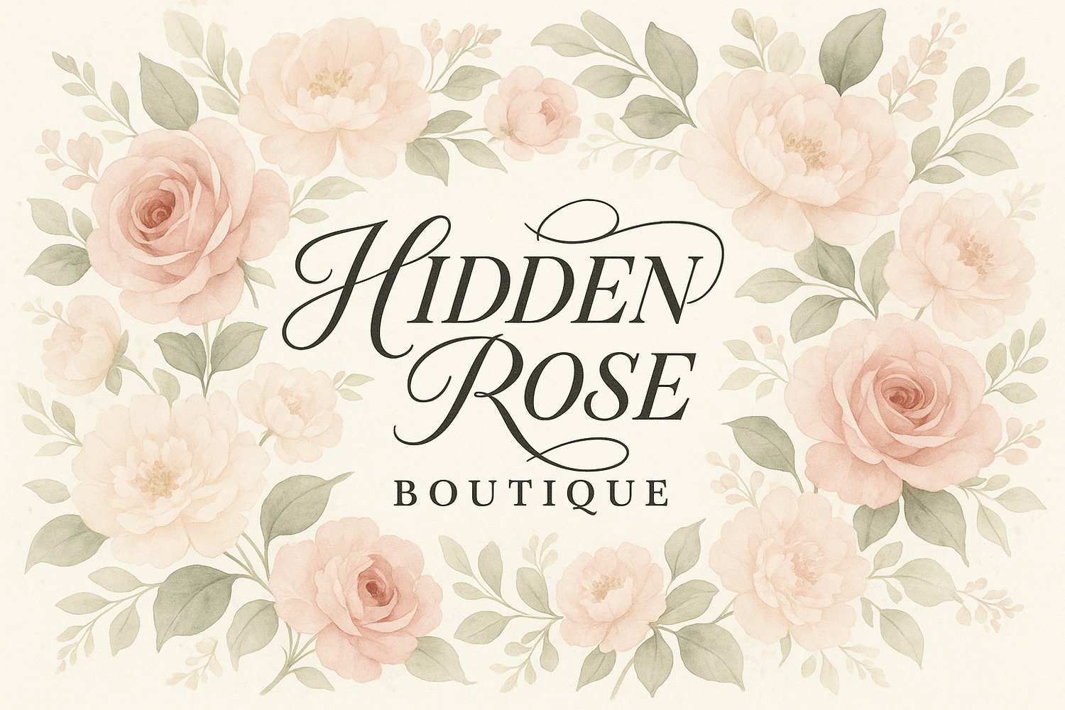 "HIDDEN ROSE BOUTIQUE" WRITTEN IN MODERN CALLIGRAPHY WITH FLORAL BACKGROUND DESIGN