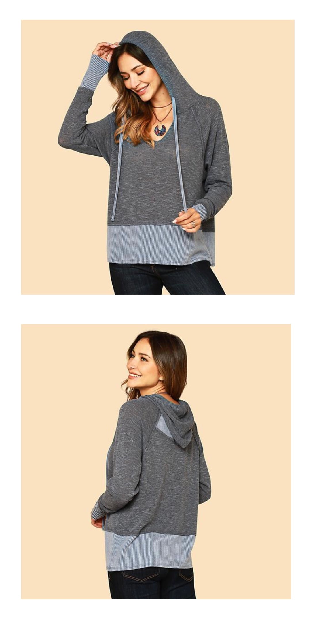 Denim Low Gage Rib Contrast Hoodie