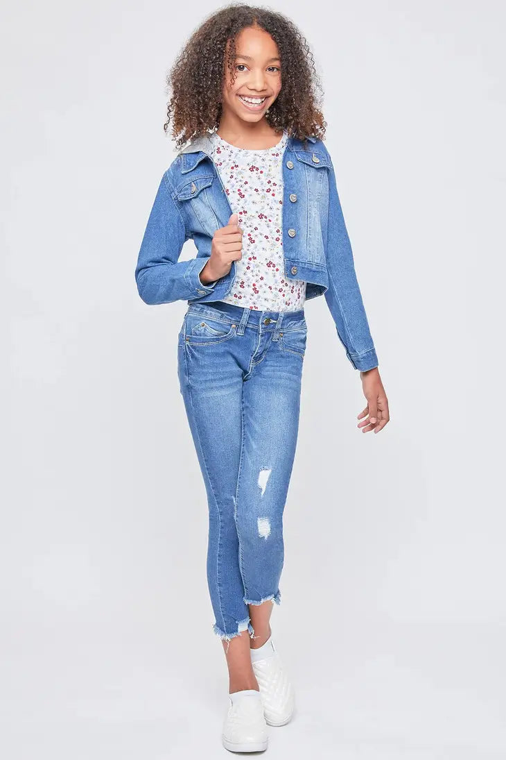 Girls Basic Denim Jacket With Removable Hoodie