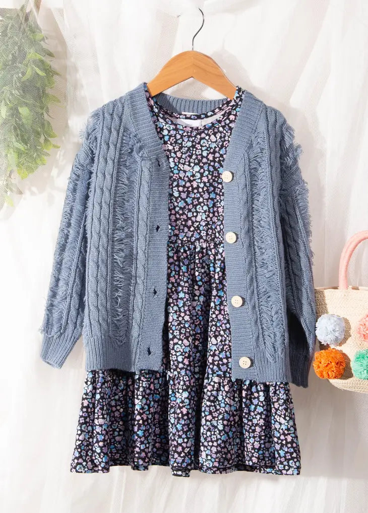 GIRLS TWIST-KNITTING FRINGE DETAIL CARDIGAN