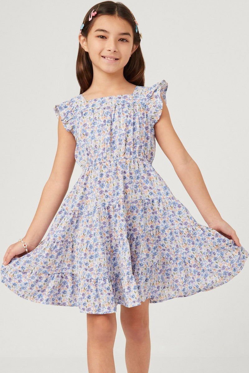 Blue Floral Print Square Neck Ruffle Shoulder Dress Spring-Summer Hayden Los Angeles