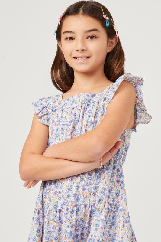 Blue Floral Print Square Neck Ruffle Shoulder Dress Spring-Summer Hayden Los Angeles