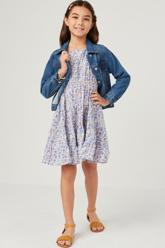 Blue Floral Print Square Neck Ruffle Shoulder Dress Spring-Summer Hayden Los Angeles