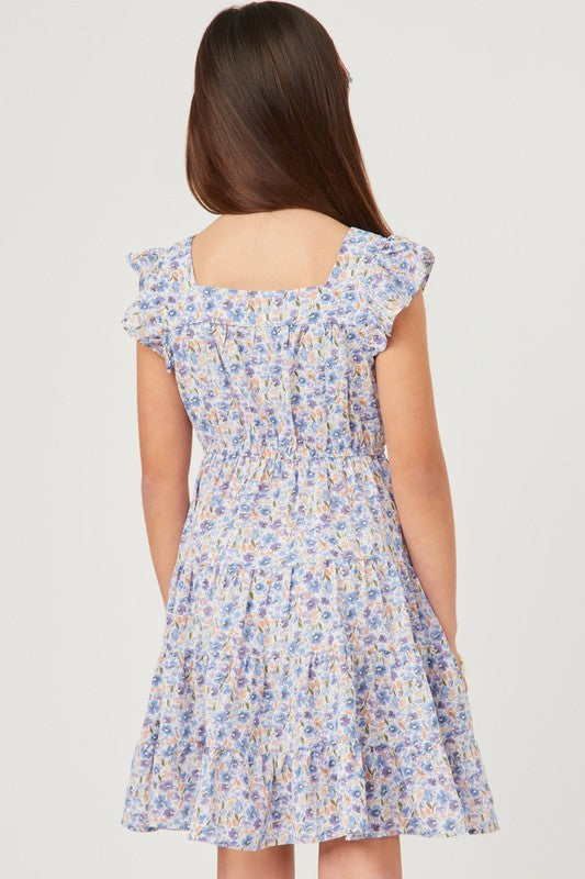 Blue Floral Print Square Neck Ruffle Shoulder Dress Spring-Summer Hayden Los Angeles