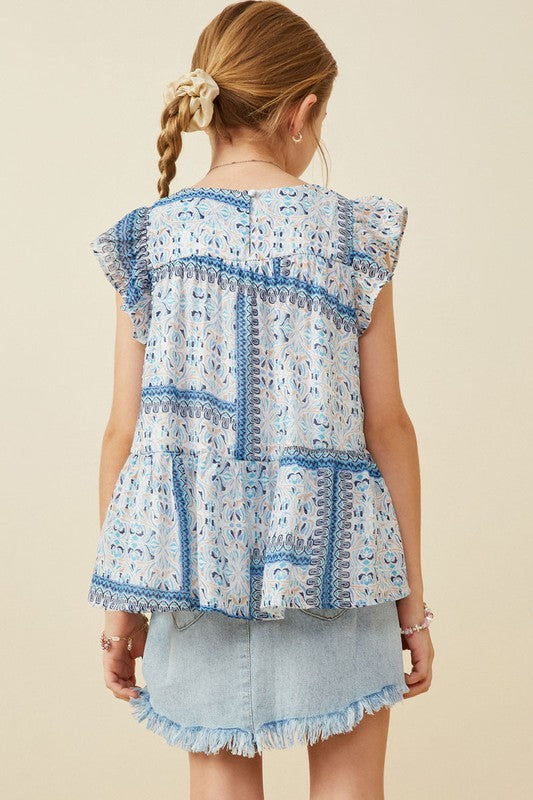 Girls Blue Handkerchief Print Ruffle Sleeve Peplum Top Spring-Summer Hayden Los Angeles