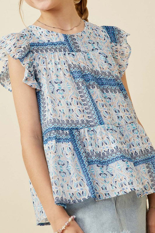 Girls Blue Handkerchief Print Ruffle Sleeve Peplum Top Spring-Summer Hayden Los Angeles
