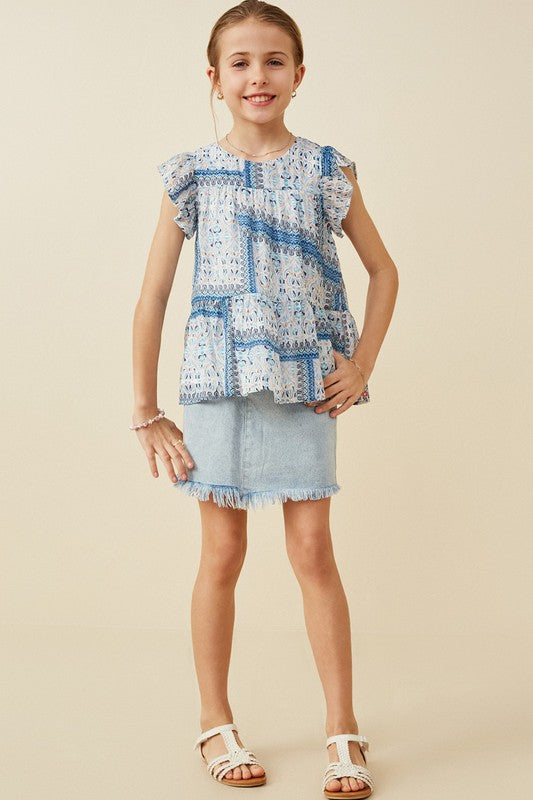 Girls Blue Handkerchief Print Ruffle Sleeve Peplum Top Spring-Summer Hayden Los Angeles