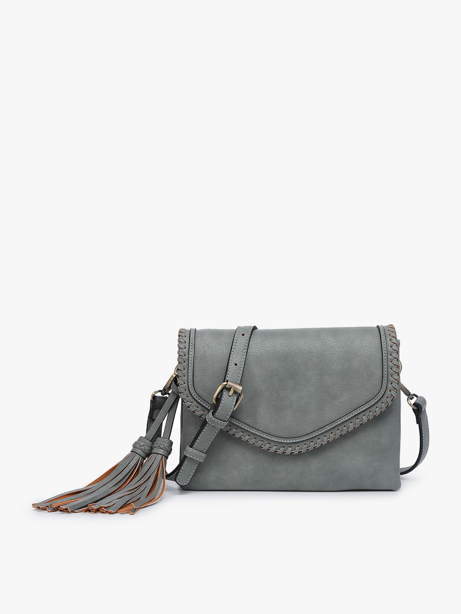 Sloane Flapover Crossbody w/ Whipstitch and Tassel: Earth Grey